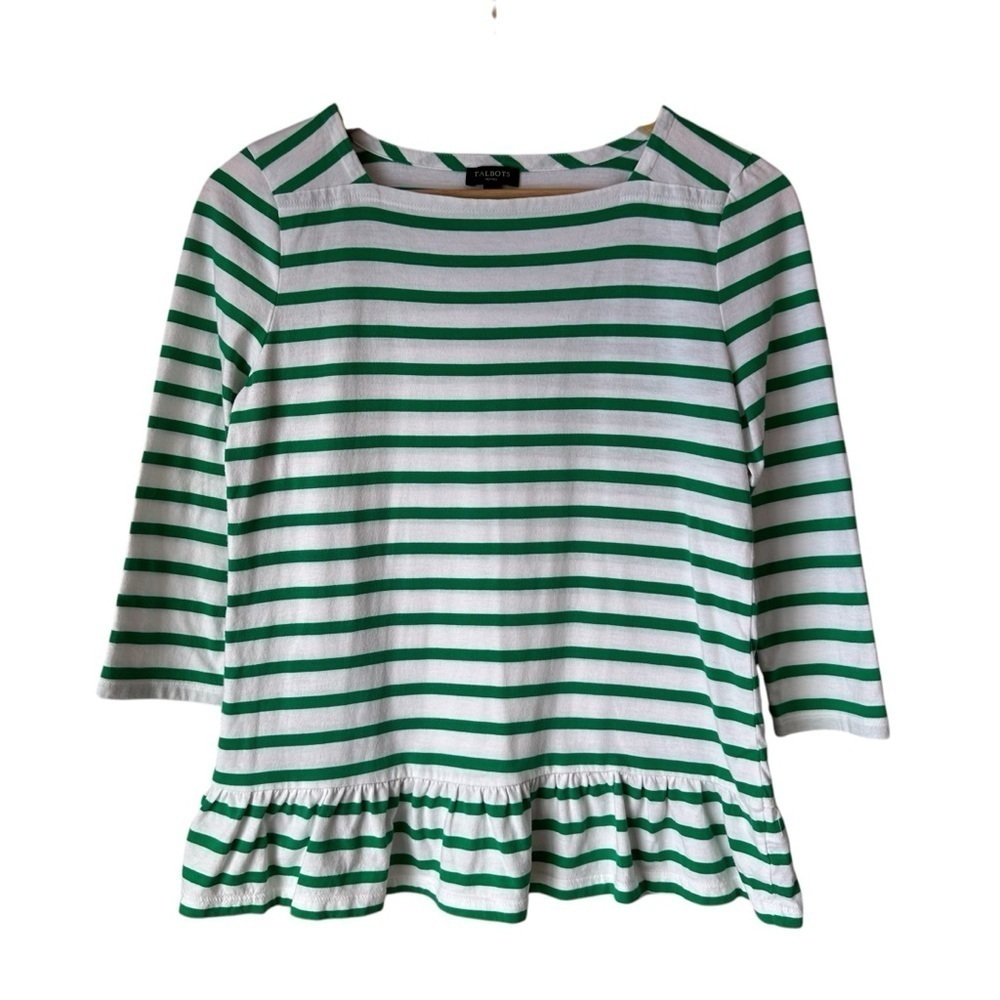 Talbots Green and White Stripe Square Boatneck 3/4 Sleeve Tee, SP
